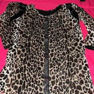 Leopard animal pearl cutout blouse slinky long sleeve top flowy